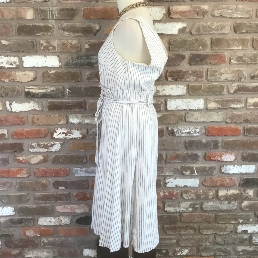 ANTONIO MELANI Women's Ivory Stripe Sleeveless V-neck Sash Linen Midi Dress 10 - Picture 5 of 8